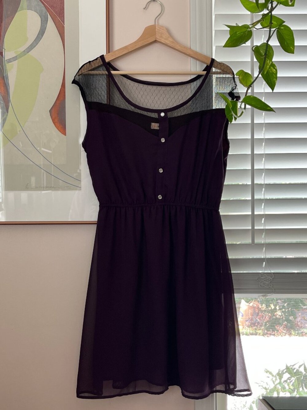 Dark Plum Mesh Yoke Mini Dress